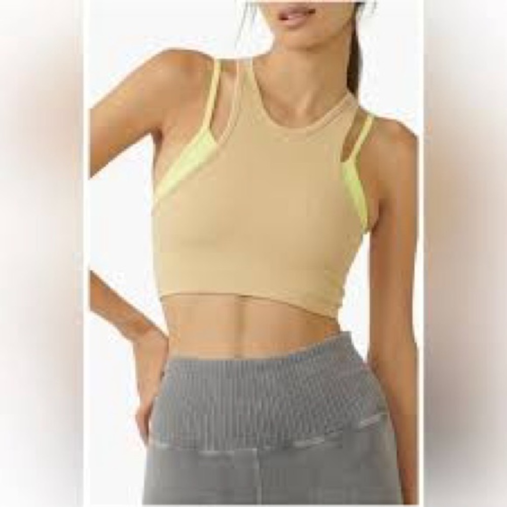 Free PeopleMovement Tan and Neon Yellow Strappy layered tank